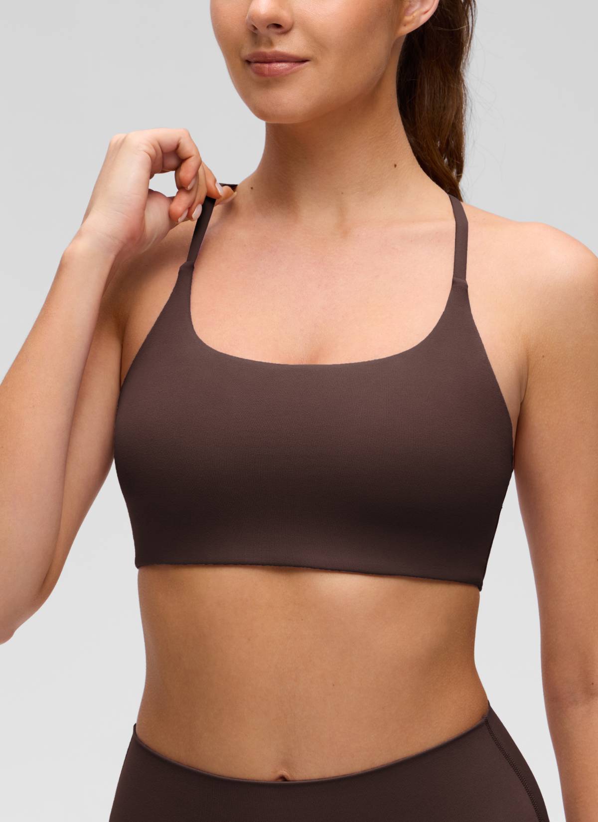 Yoga Scoop Neck Twist Cross Back Sport Bra Hot Fudge Brown