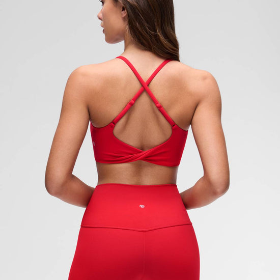 Yoga Scoop Neck Twist Cross Back Sport Bra Aurora Red