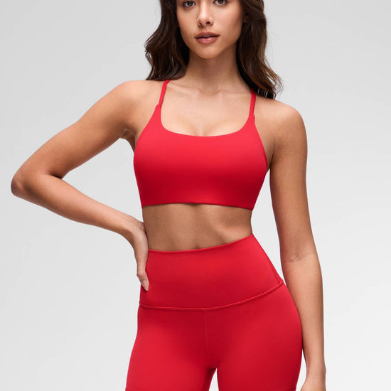 Yoga Scoop Neck Twist Cross Back Sport Bra Aurora Red