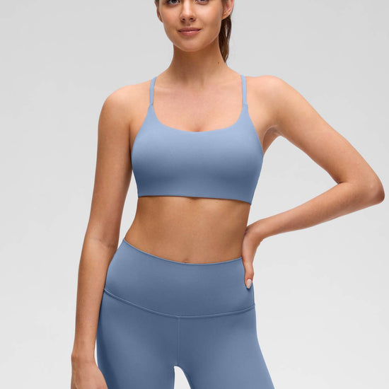 Yoga Scoop Neck Twist Cross Back Sport Bra Washed Denim