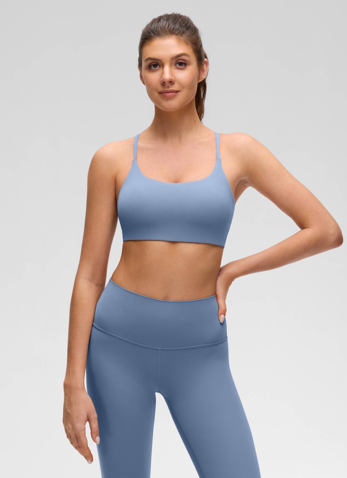 Yoga Scoop Neck Twist Cross Back Sport Bra Washed Denim
