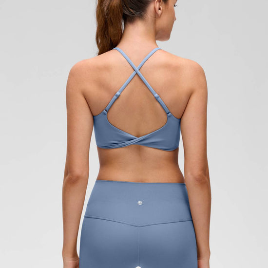 Yoga Scoop Neck Twist Cross Back Sport Bra Washed Denim