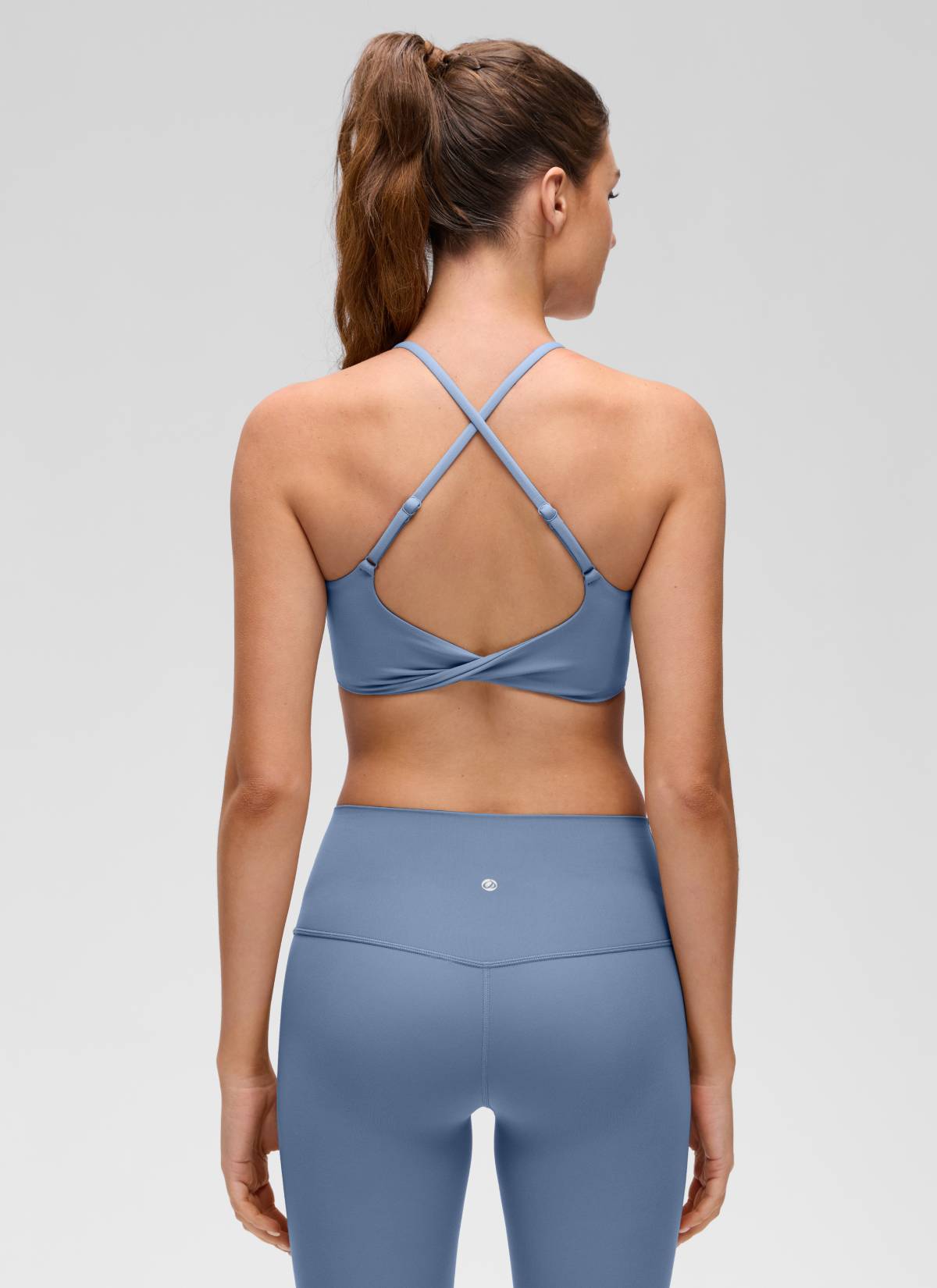 Yoga Scoop Neck Twist Cross Back Sport Bra Washed Denim