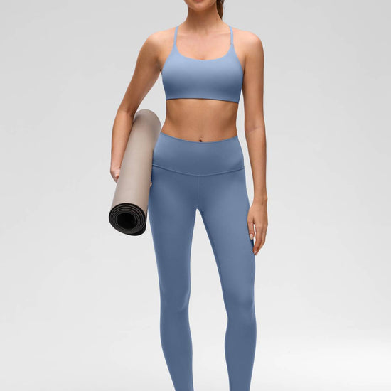 Yoga Scoop Neck Twist Cross Back Sport Bra Washed Denim