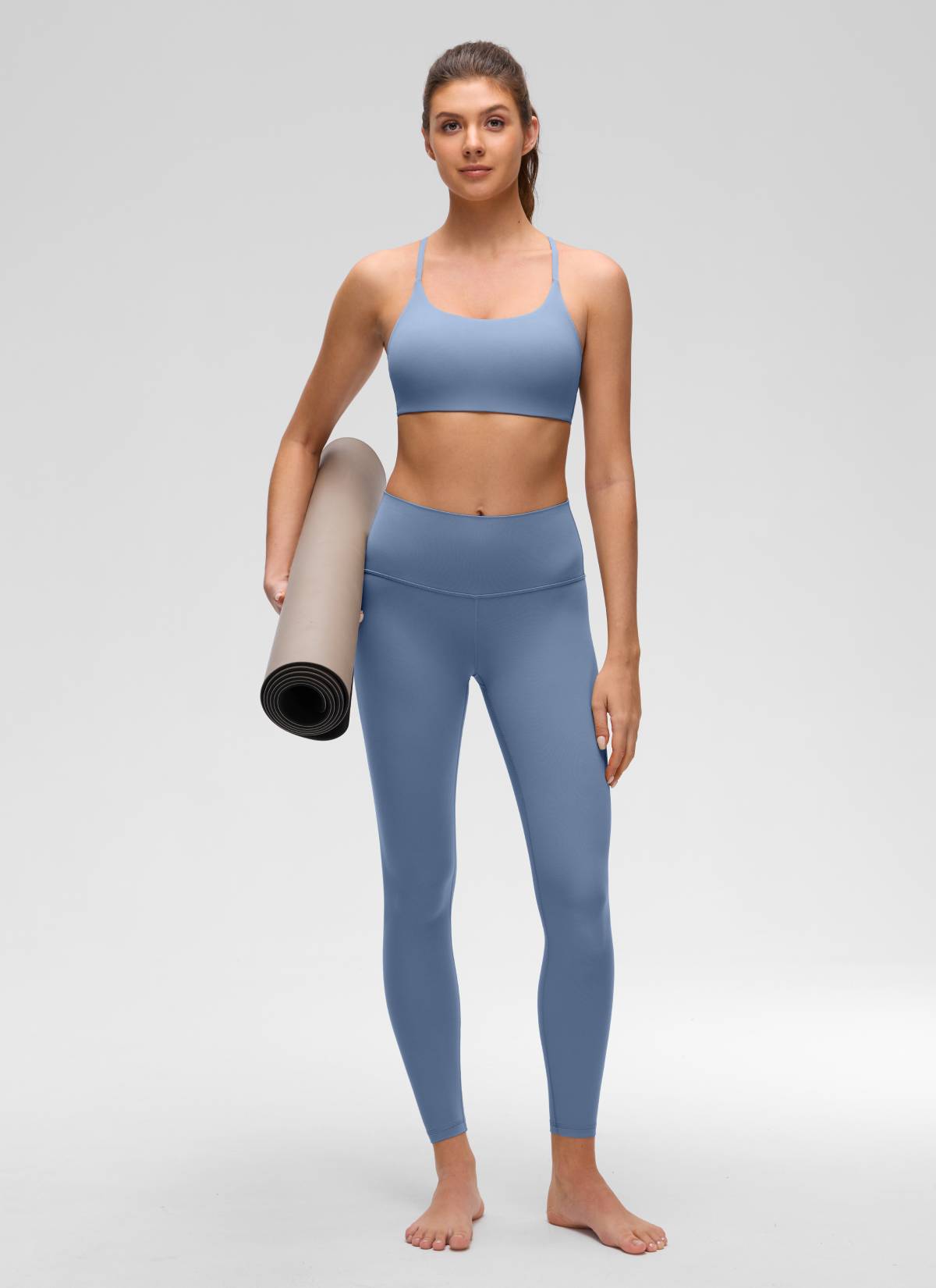 Yoga Scoop Neck Twist Cross Back Sport Bra Washed Denim
