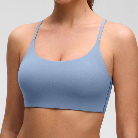 Yoga Scoop Neck Twist Cross Back Sport Bra Washed Denim
