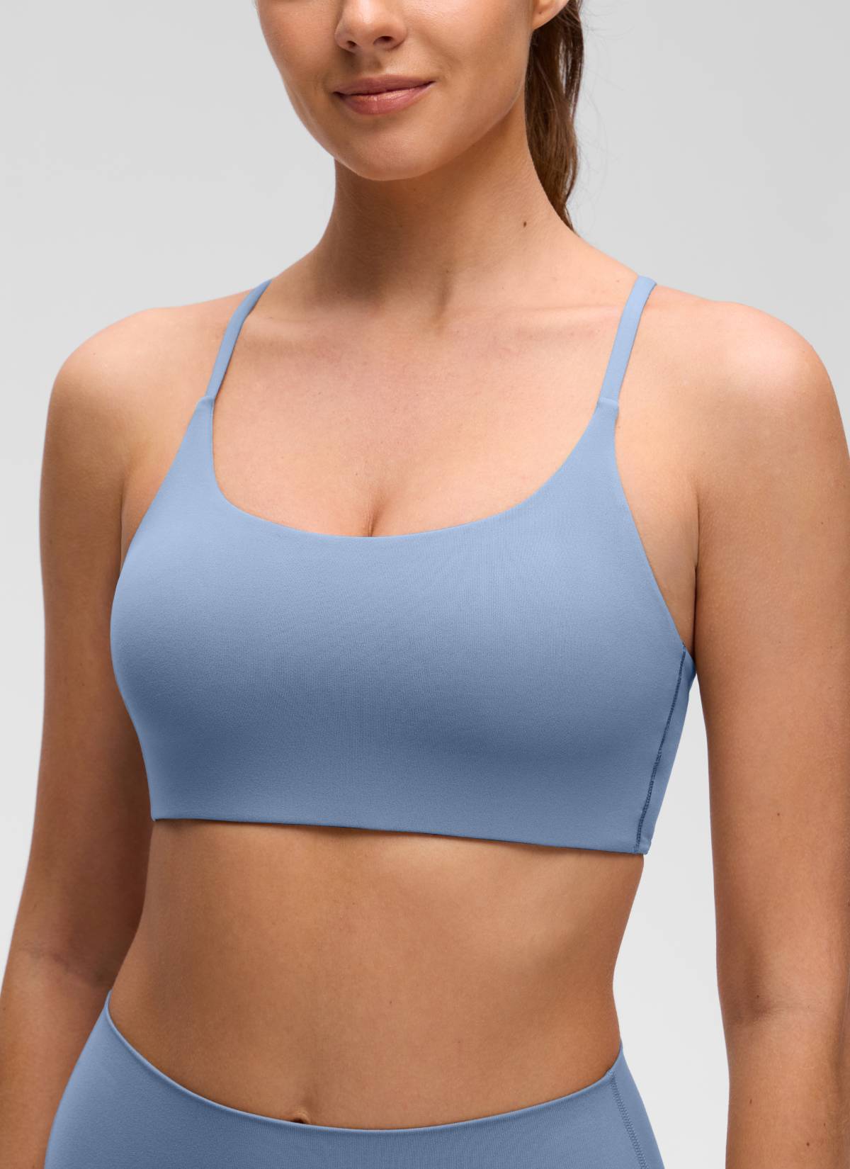 Yoga Scoop Neck Twist Cross Back Sport Bra Washed Denim