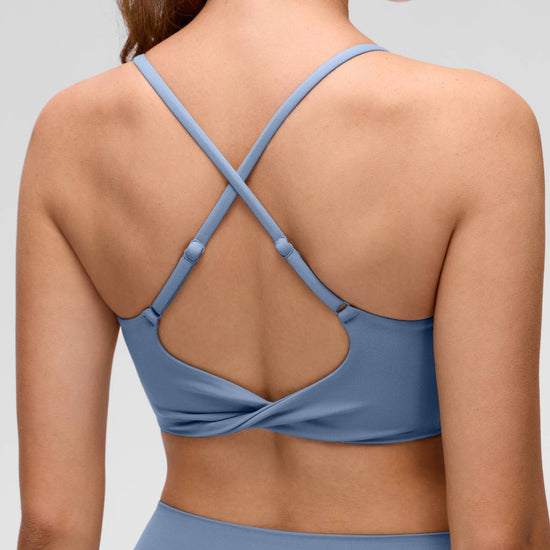 Yoga Scoop Neck Twist Cross Back Sport Bra Washed Denim