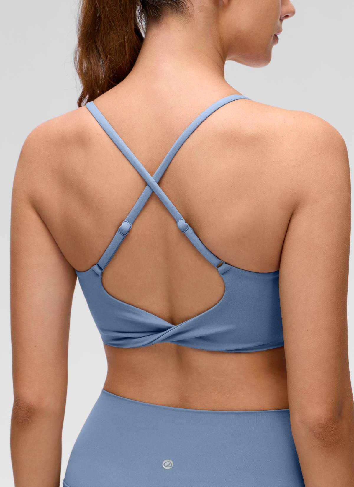 Yoga Scoop Neck Twist Cross Back Sport Bra Washed Denim