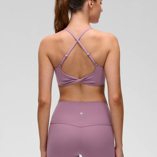 Yoga Scoop Neck Twist Cross Back Sport Bra Light Lavender
